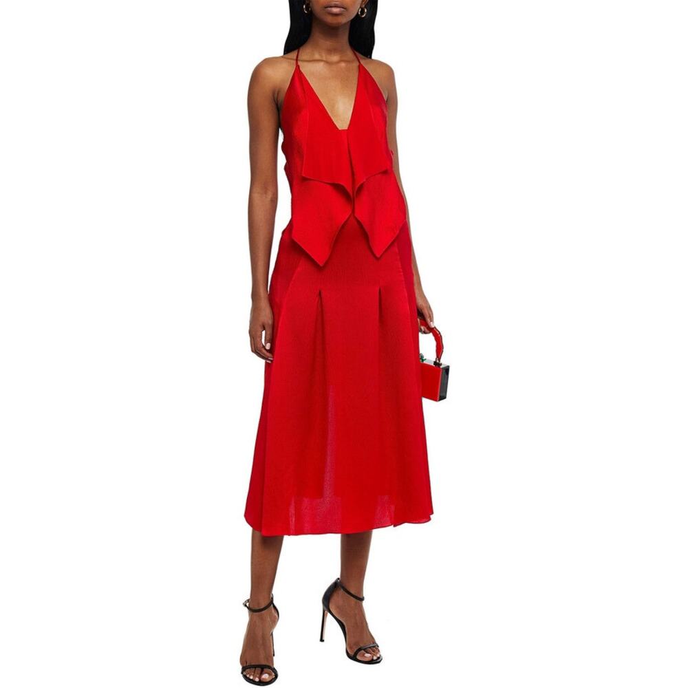 Roland Mouret Tolima Ruffled‎ Hammered Silk-Blend Satin Midi Dress Size 2